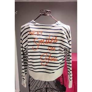 Kerri Rosenthal Striped Sweater with Embroidered Slogan and Heart Buttons Size M